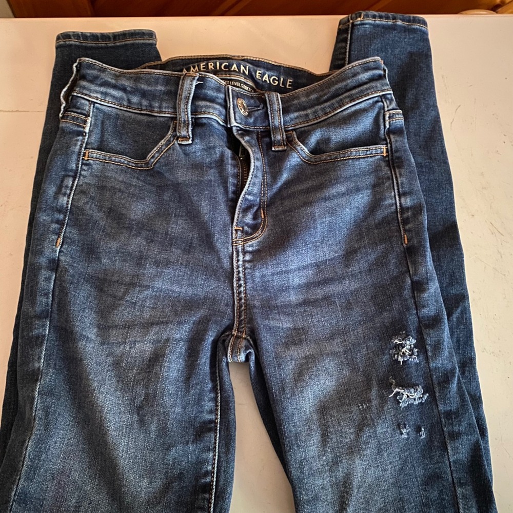 American Eagle Hi Rise Jegging Next Level Stretch Distressed Blue Jeans 00 Short